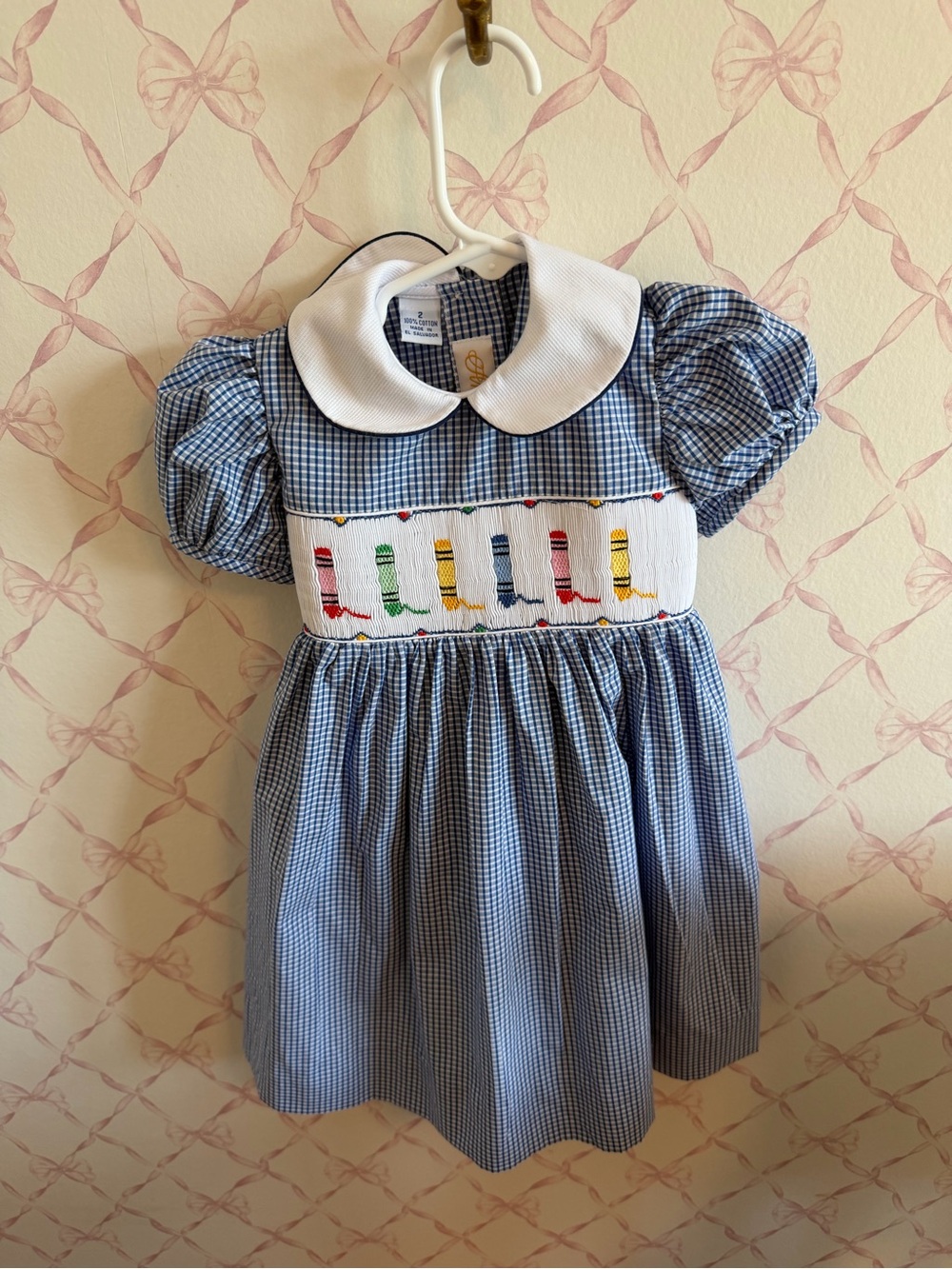 Anavini Smocked Crayon Dress for Girls 2T - Blue - First Day of School